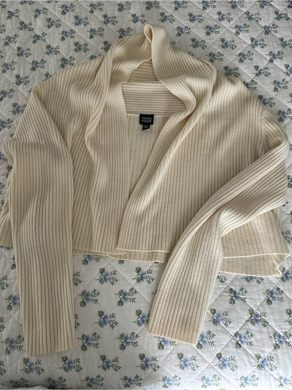 Eileen Fisher Ivory Ribbed Open-Front Shawl Collar Cardigan